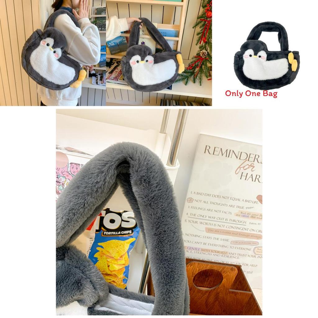 Penguin Plush Tote Bag For Girls With Soft Faux Fur And Zipper Interior