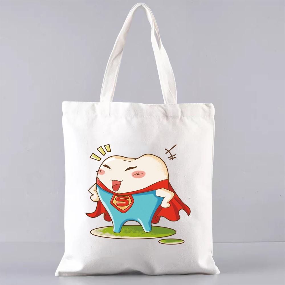 Shopping Bags for Groceries Eco Shoulder Bag  Women Handbags Shopper Reusable Large Capacity Students Books Bag Teeth Pattern