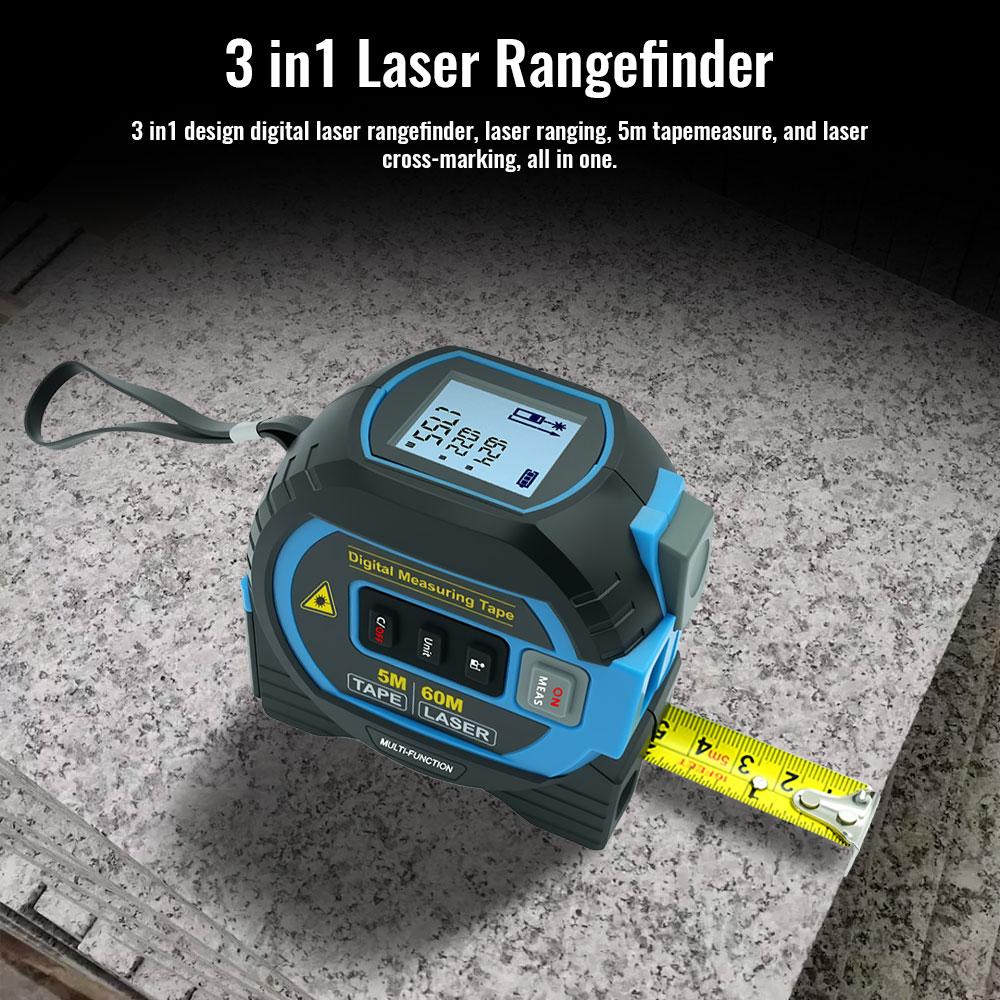 Laser Tape Measure Meter Building Measurement Device 3in1 Laser Rangefinder 5M Tape 60M Laser Measure with LCD Digital Display