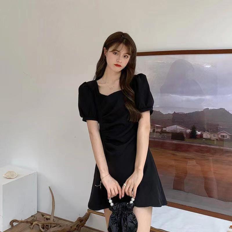 Summer Short Dress Solid Color Square Neck Waist Thin Bubble Sleeve Irregular Pleated Short Sleeve Dress