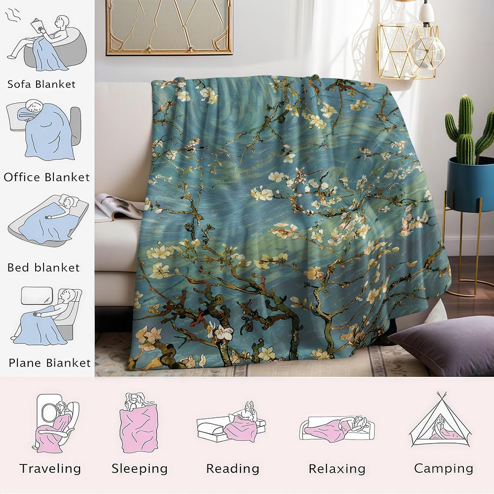 Van Gogh Mandelblüten Flanelldecke Warm Weich Halloween Weihnachten Sofa Warm Gemütlich Dekorative Deko Geschenk für Alle Jahreszeiten