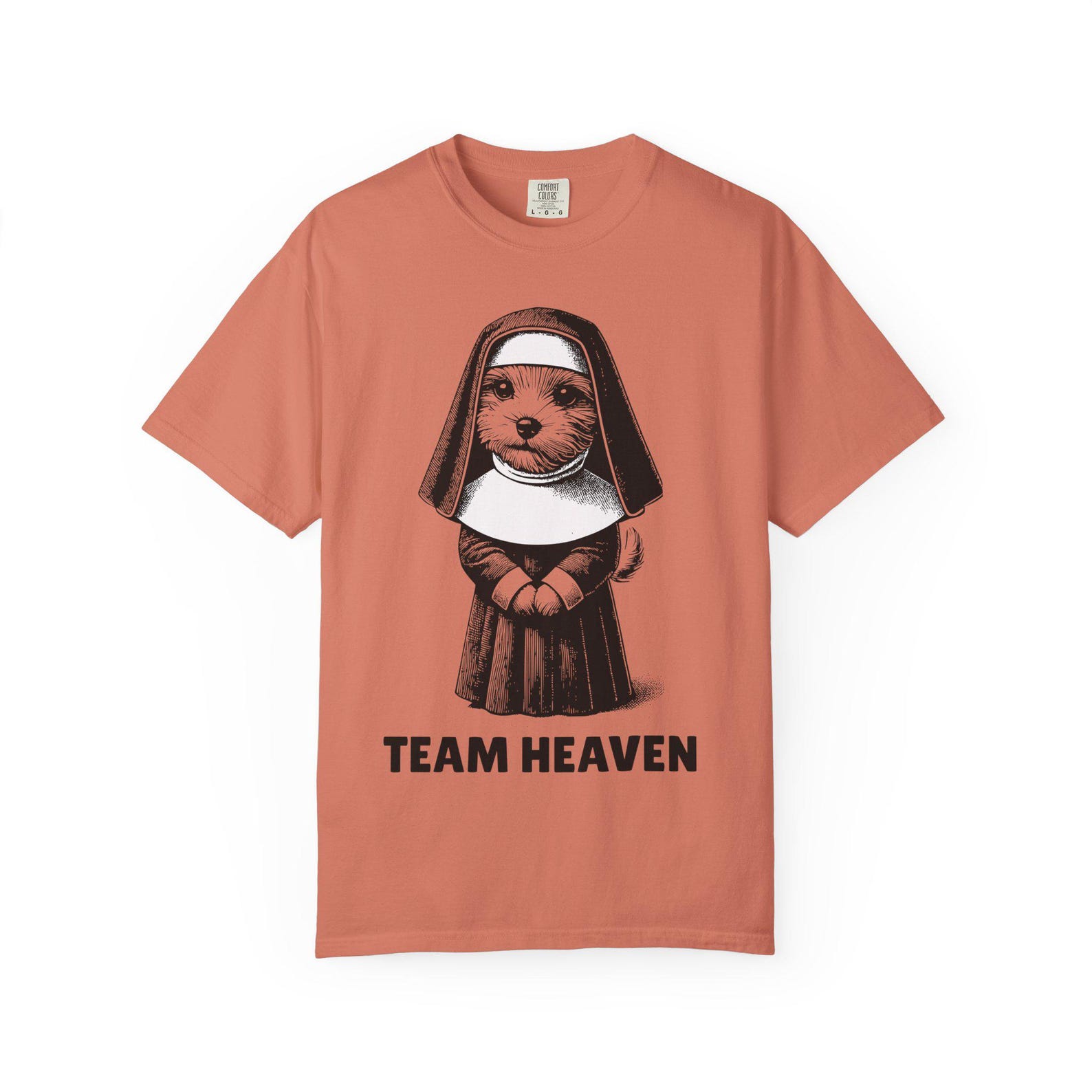 Nun Dog Illustration T-Shirt Team Heaven Typography Vintage Christian Engraving Style Gift S