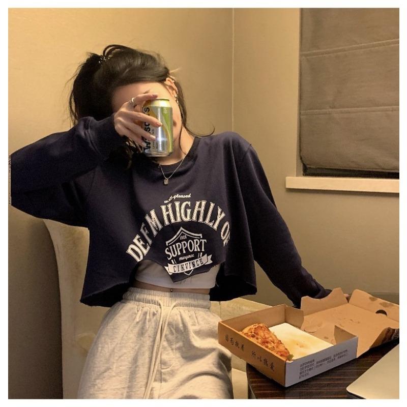 

Свободный асимметричный принтованный круглый вырез толстовка для женщин осень новый короткий внешний топ XL