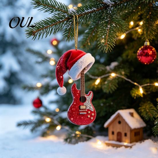Music Fan Gift Red Guitar Christmas Ornament, 2D Flat Acrylic Hanging Pendant with Decorative Santa Hat, Country Tree Decoration, Holiday for