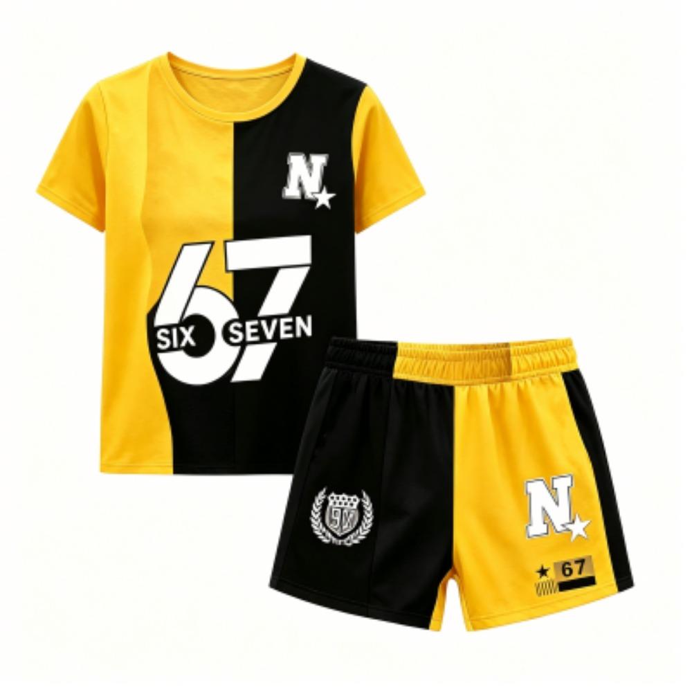 Women s Number 67 Color Blocking Printed Outdoor Street Women s T-shirt and Shorts 2 Piece Set Summer Casual Outfit Men s and Women s Sports Set XXS