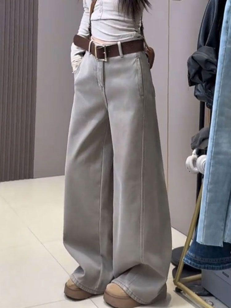 Women's Washed Grey Scratched Jeans - 2025 Autumn/Winter Collection: Slimming Loose Wide Leg Pants