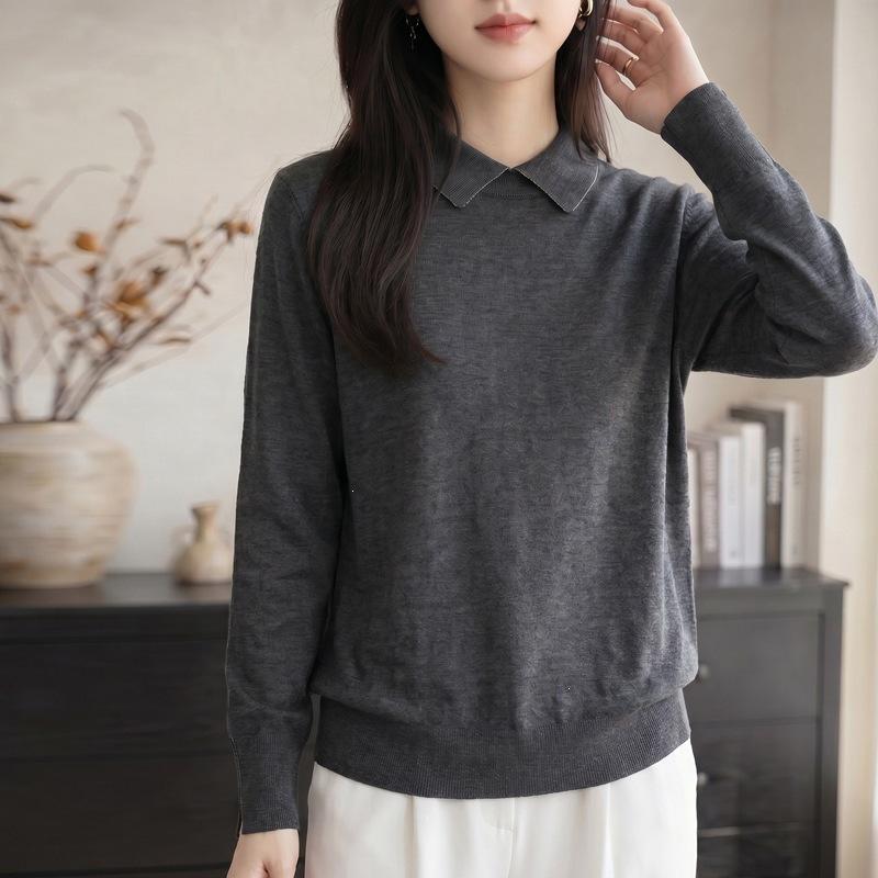 Long-sleeved Wool Knitted Sweater, Suitable for Spring and Autumn, Women's Pullover Outerwear with A Turned-up Collar