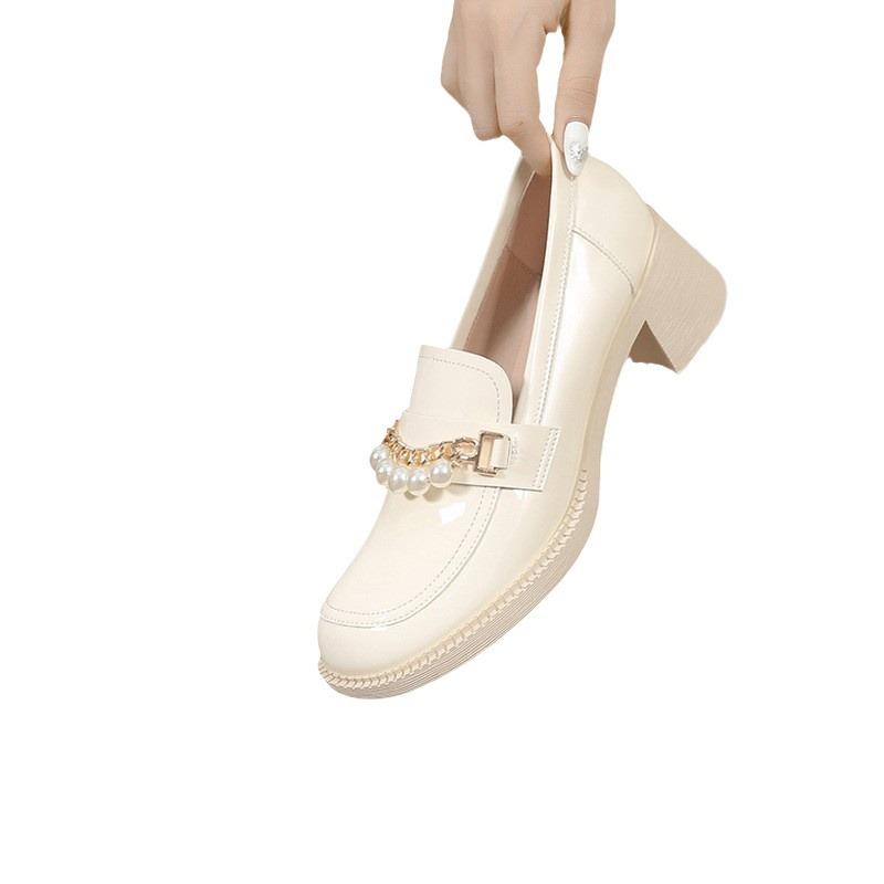 Thick Heel Real Small Leather Shoes Pearl Mary Jane Women'S Shoes Round Head Soft Girl With Skirt One Pedal Lazy Shoes