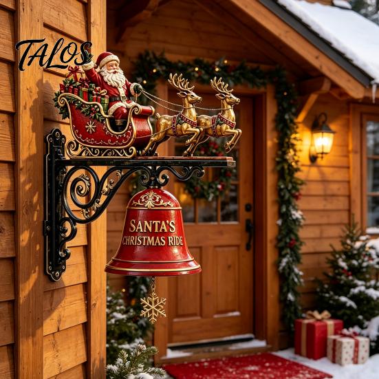 Outdoor Garden Entrance Accents Christmas Bell Wall Hanging Decoration, Santa Sleigh Reindeer Ornament, Large Decorative Anniversary Birthday