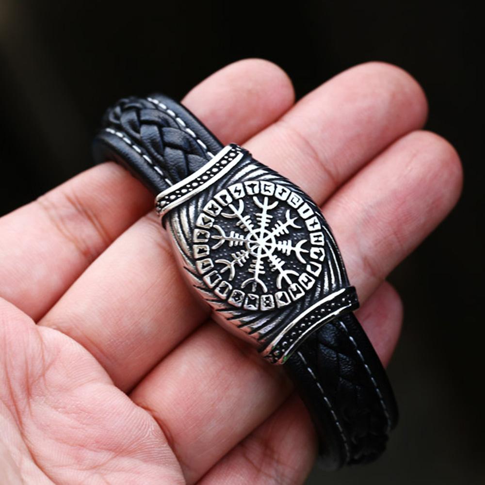 Bracciale runico vichingo da uomo in acciaio inossidabile 316L, stile nordico, con bussola di Odino, ideale come gioiello regalo per motociclisti.
