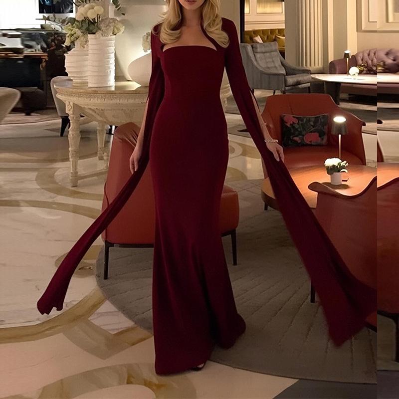2026 European and American Women's Clothing, New Summer Models, Fashionable and Elegant Banquet Dresses, Solid-color Slim-fit Hip-wrapped Dresses.