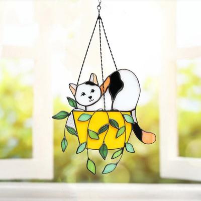 Cat In Flowerpot Hanging Decoration Home Office Indoor Outdoor Wall Art Acrylic Stained Glass Kitten Planter Pot Hanging Ornament Christmas Gift