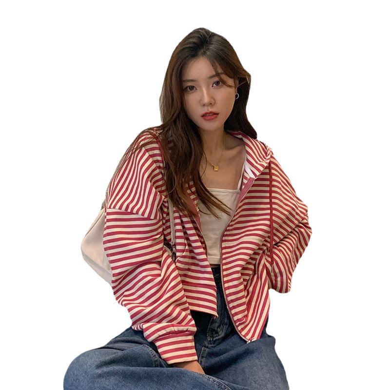 2023 Petite Hooded Ruffle Stripe Zip Cardigan for Spring/Autumn