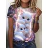 Summer Round Neck 3D Cute Cat Pattern Print Top Fashionable Casual Short Sleeved Women's T-shirts