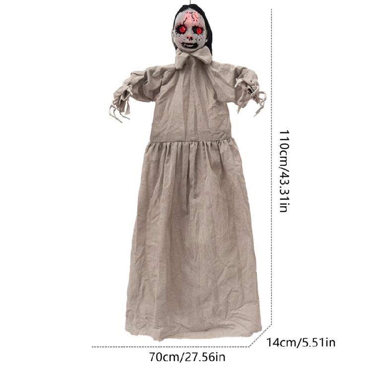Electric Skeleton Girl Decoration for Halloween Party Entryways, Hanging Motor Animated Figure With Long Dress, Dark Hair, and Skeletal Hand