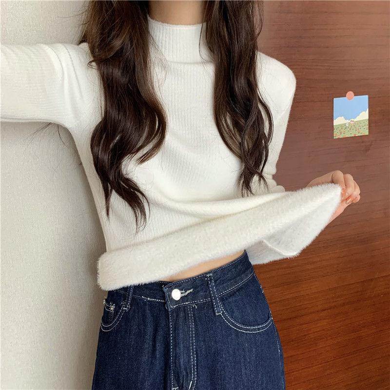 WTEMPO Thickened Sweater Women's Turtleneck Fleece Lined Knitting Top Long Sleeve Pullover Y2k Jumper Autumn Winter Knitwear