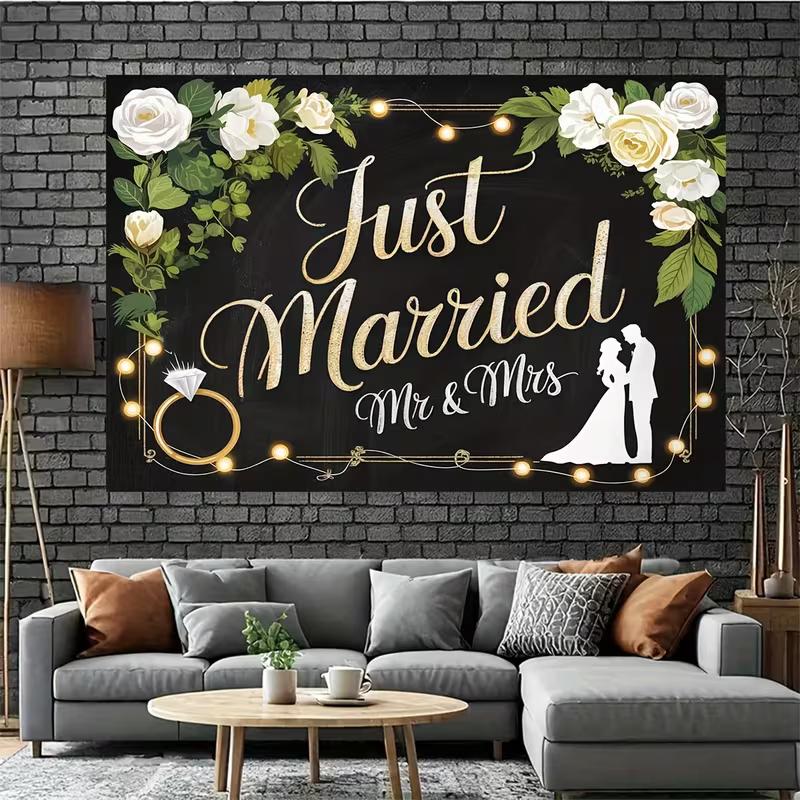 2D Floral Just Married Backdrop with Couple Silhouette Wedding Decor