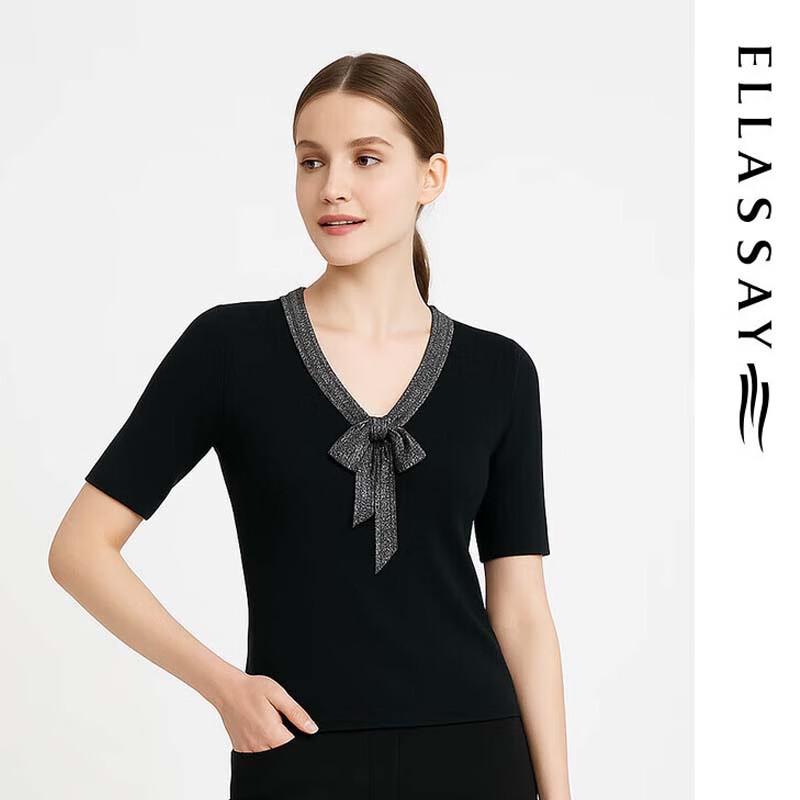 

ELLASSAY Women s Elegant Ribbon V-Neck Knit Top S