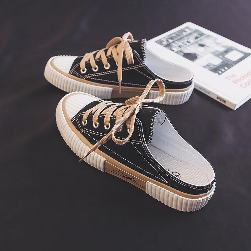 

Summer new canvas shoes women s low-top lazy shoes half-support one-pedal slippers casual women s shoes trendy shoes 35 чёрный
