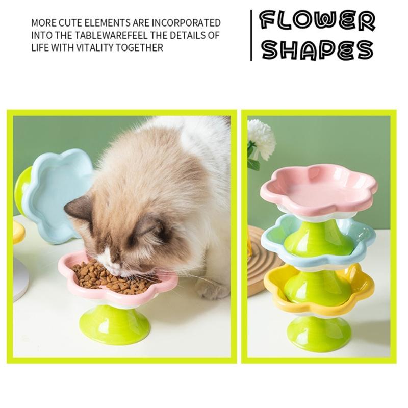 Ceramic Pet Bowl Flower Shape Cats Food Dish Nonslip Elevated Stand Feeding Plate for Neck Protections and Easy Cleaning