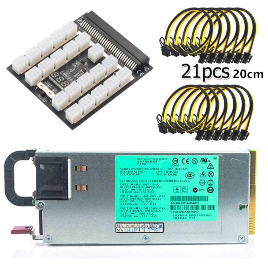 1PC 1200W Power Supply+21 Ports Breakout Board+21pcs 20cm 6pin Cables Mining Set