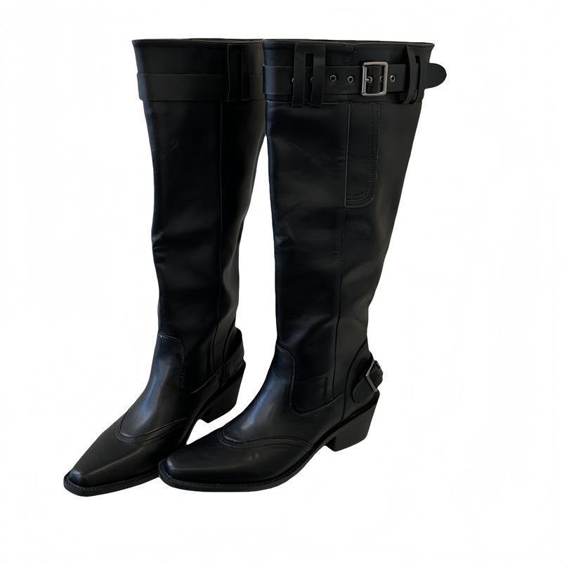 Women with Big Tube Circumference Boots 2025 Autumn and Winter Look Thin But Knee Long Boots Pointed Thick Heel Belt Buckle Pile Boots Women