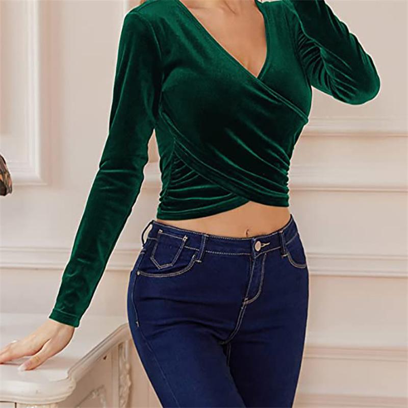 Tricou de damă, toamnă iarnă, din catifea aurie, cu decolteu în V, scurt, sexy