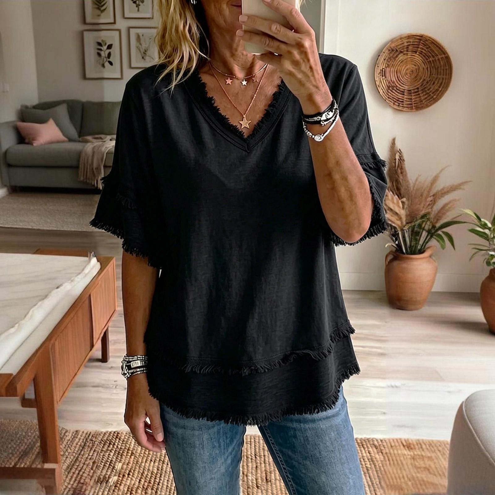 

Women s Spring/Summer Casual Fashion V-Neck Pullover Shirt — Loose-Fit, Short Sleeve Top L