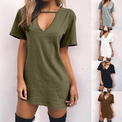 Moda Donna Casual Manica Corta Scollo a V Solido Signore Traforato Mini Abito