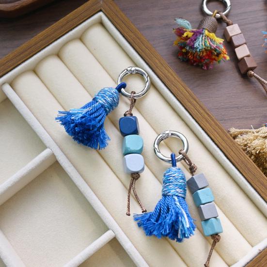 Tibetischer Regenbogen-Quasten-Anhänger Schlüsselanhänger Perlen Ethnischer Stil mit Natürlichem Holz Taschenanhänger Schuhdekoration mit