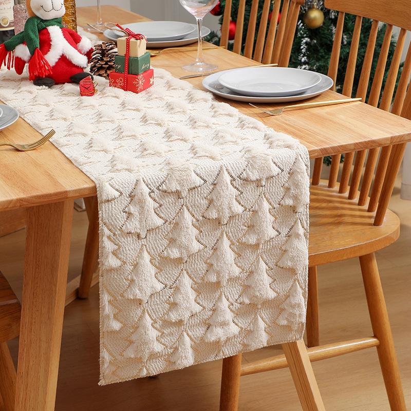 Christmas Tablerunner Rectangular Plush Faux Soft Trees Green Washable Seasonal Table Cover for Party Picnic Dinner Decor