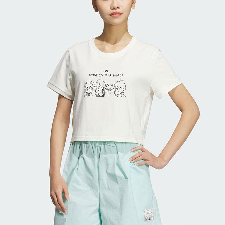 Adidas Printed Anime Cropped Round Neck Short Sleeve T-Shirt Women Tops White JN6663