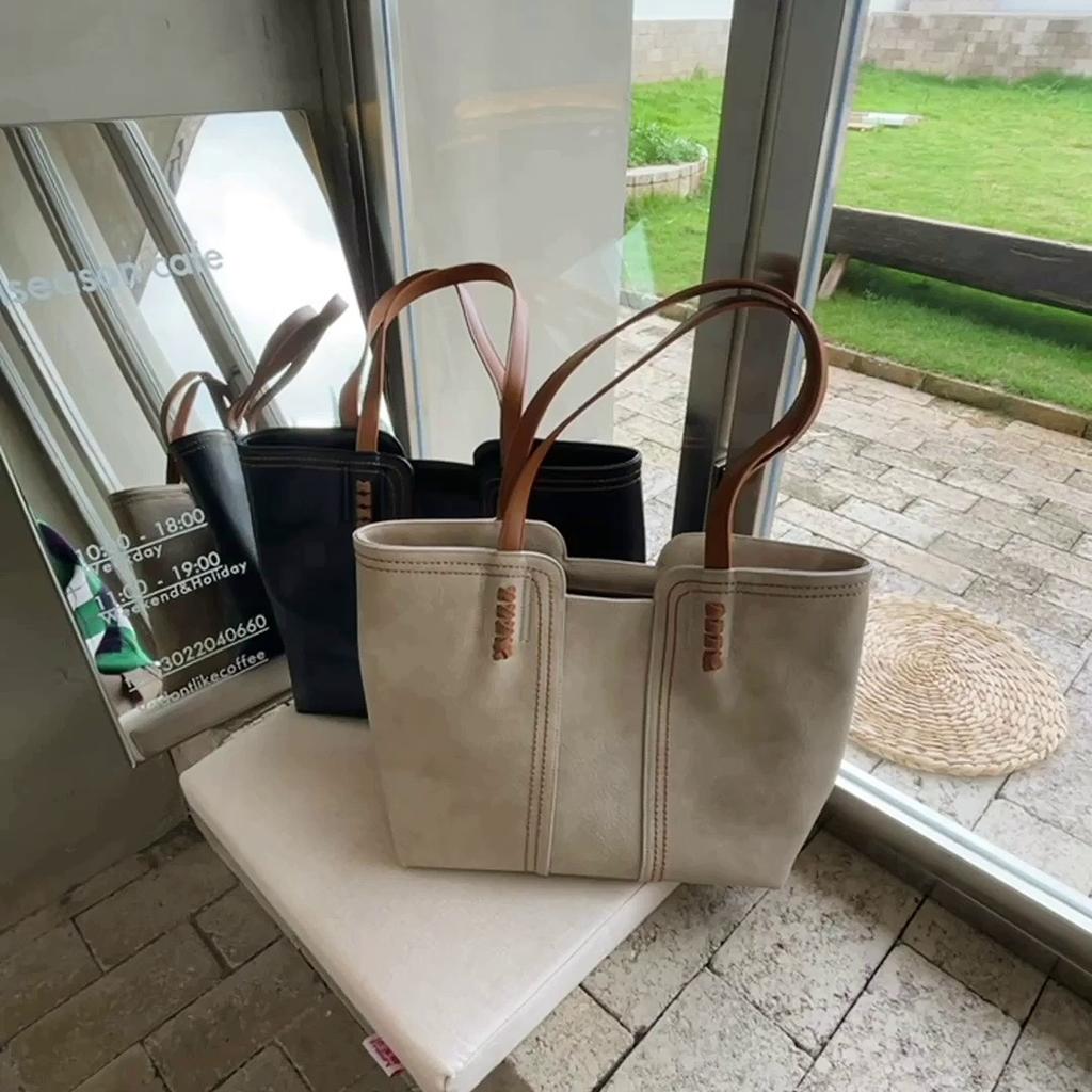 Retro Simple Women's Tote Bag PU Leather Large Capacity Fashion All-match Handbag Female Casual Shoulder Shopping Bag