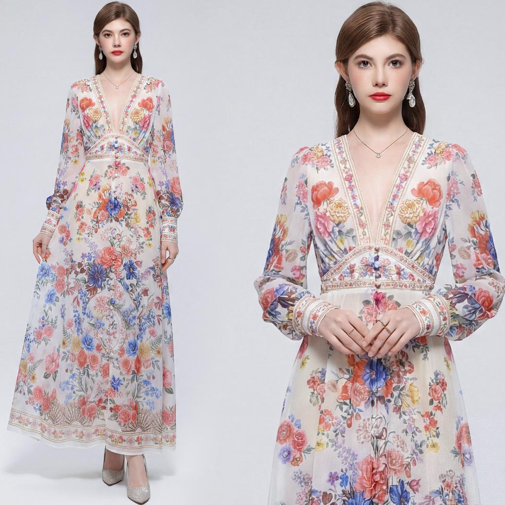 Summer Holiday Gorgeous Flower Beach Dress Women Deep V-Nek Long Sleeve Floral Print High Elastic Waist A-Line Maxi Dress