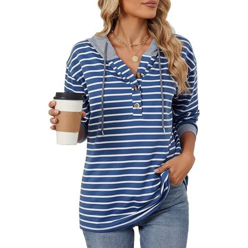 

YYFS Женская мода повседневные толстовки с капюшоном и длинным рукавом с принтом в полоску L синий