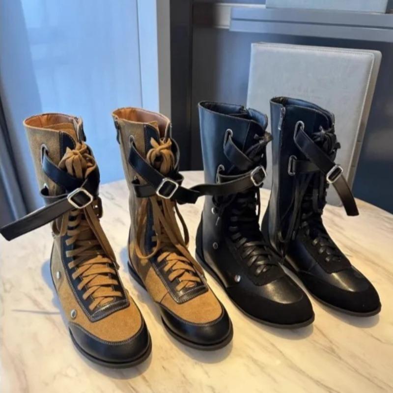 New Fashion Studded Flat Heightened Inner Women's Belt Buckle Casual Side Zipper Non-Slip Mid-Leg Boots