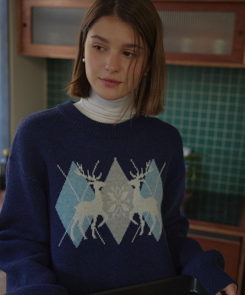 Dieomaidieo My Deer Jacquard Knit (Navy)