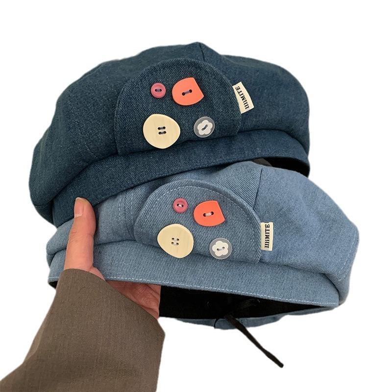Spring And Summer Sweet Button Cowboy Beret Female Shows Small Face Big Head Circumference Painter Hat Literary And Artistic Versatile Octagonal Hat
