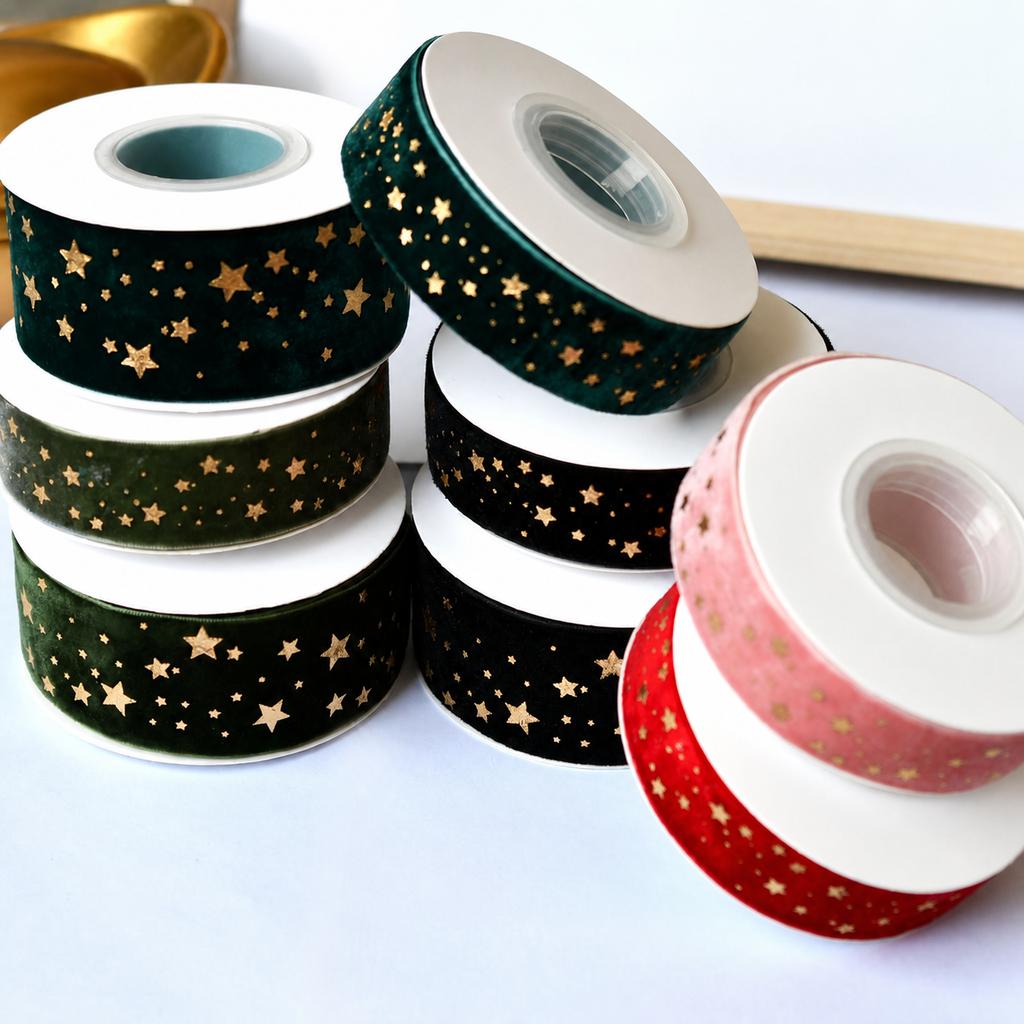 Flocked Velvet Ribbon Festive Gold Foil Printed Ribbon Christmas Velvet Ribbon Classic For Cake Packaging Wedding Event Bow