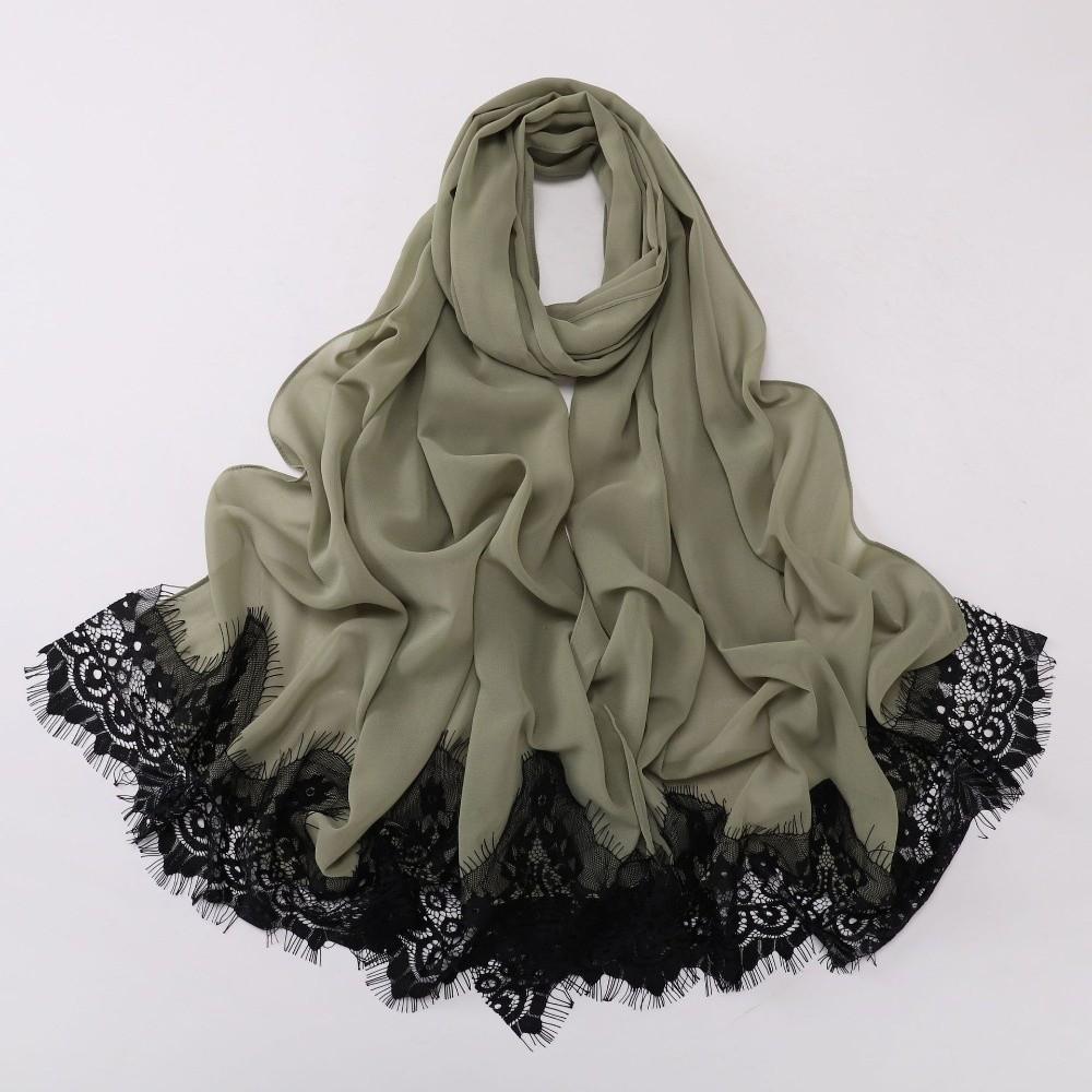 Pearl Chiffon Lace Edge Scarf Eyelash Black Lace Islamic Shawl Wrap Soft Long Hijab  Daily Wear