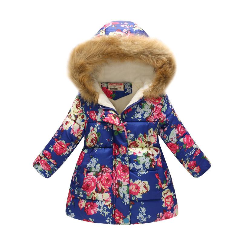 Autumn and Winter Children's Cotton Jacket Boys and Girls Fashion Printing Cartoon Big Boy Long Section Hair Collar Hooded Cotton Coat Jacket