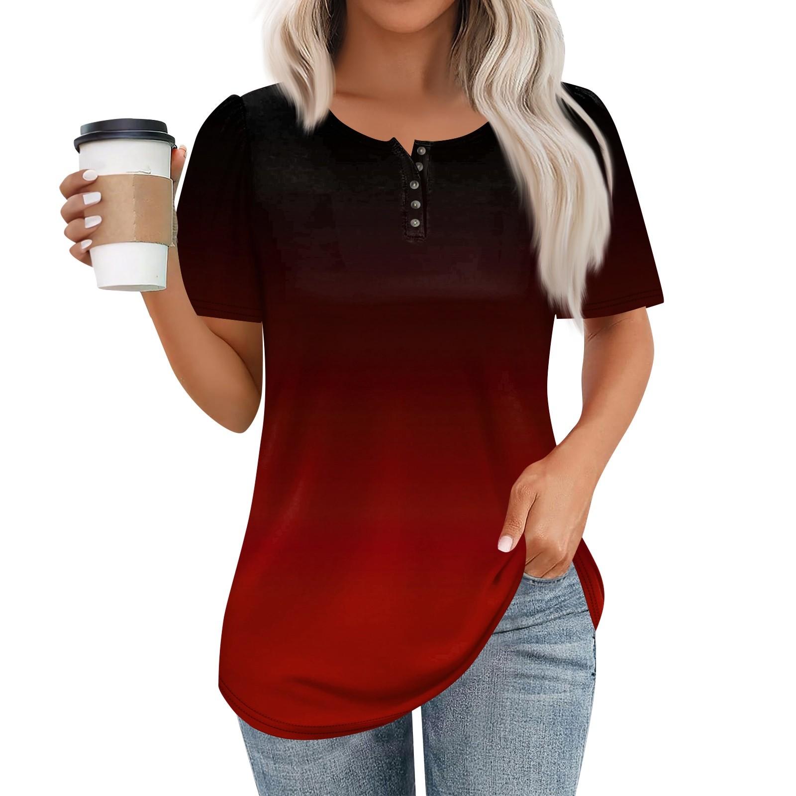 

Женский модный повседневный короткий рукав пуловер с принтом на пуговицах и круглым вырезом XL винный