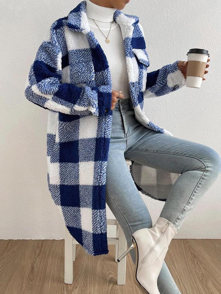 Autumn and Winter Buttoned Lapel Plush Plaid Skirt Loose Temperament Commuting Long Coat Women
