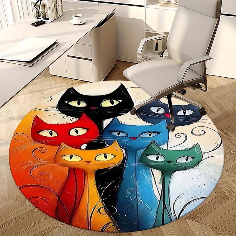 1pc Colorful Cat Faces Round Carpet Anime Design Office Chair Mat, Non Slip Rug for Home Decor
