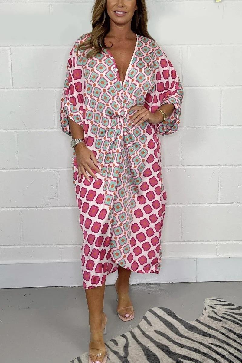 

Женская одежда, Новый летний свободный платье с геометрическим принтом и V-образным вырезом, европейский и американский стиль S розовый