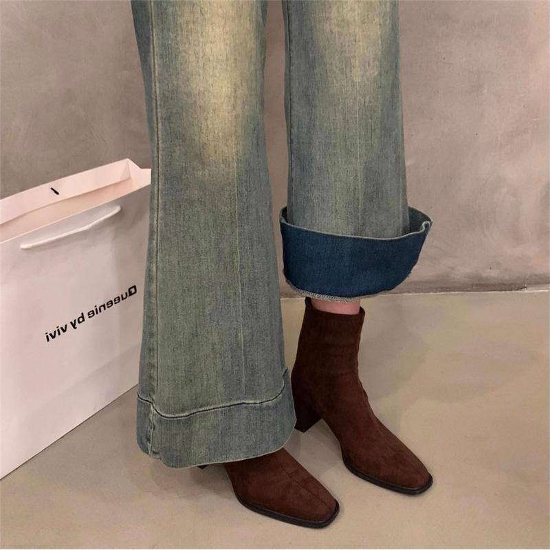 Autumn Winter Vintage Thick Heels Women Ankle Boots Elegant Square Toe Stripper Party Shoes Modern Short Botas Para Mujer