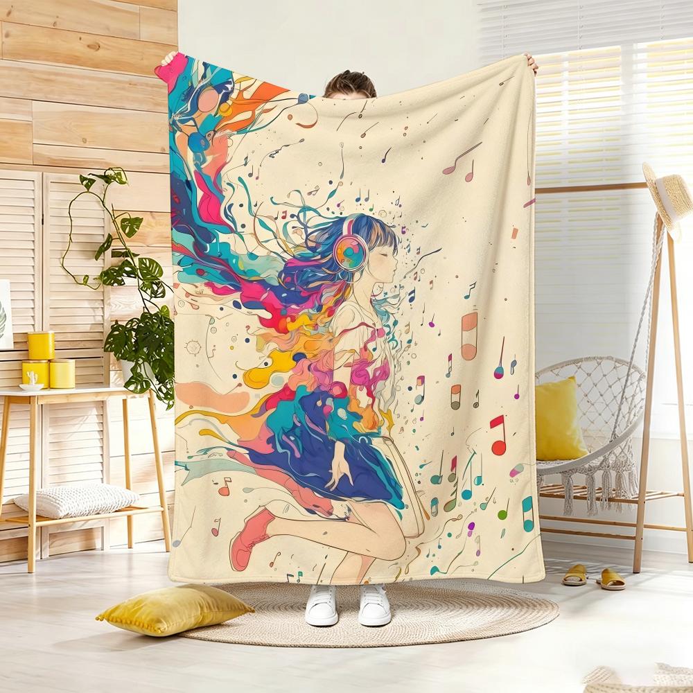 Music Dream Girl Watercolor Girl Throw Lightweight 240g Flannel Blanket Soft Skin-friendly for Summer Cooling