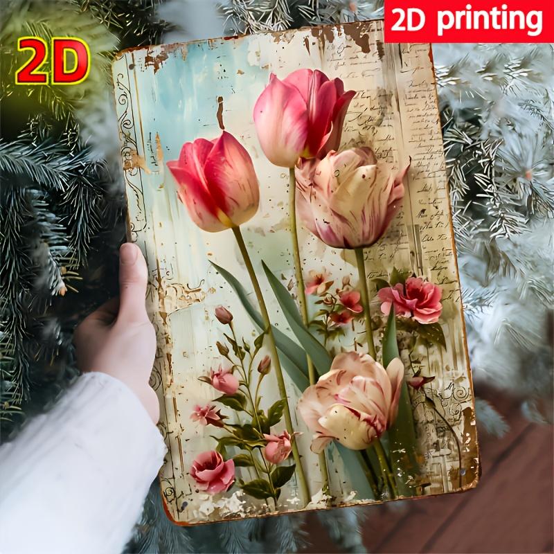 Vintage Shabby Chic Pink Tulips and Roses Floral Art High Definition Metal Tin Sign Wall Art HD Printed Tin Plate Decor for Ho