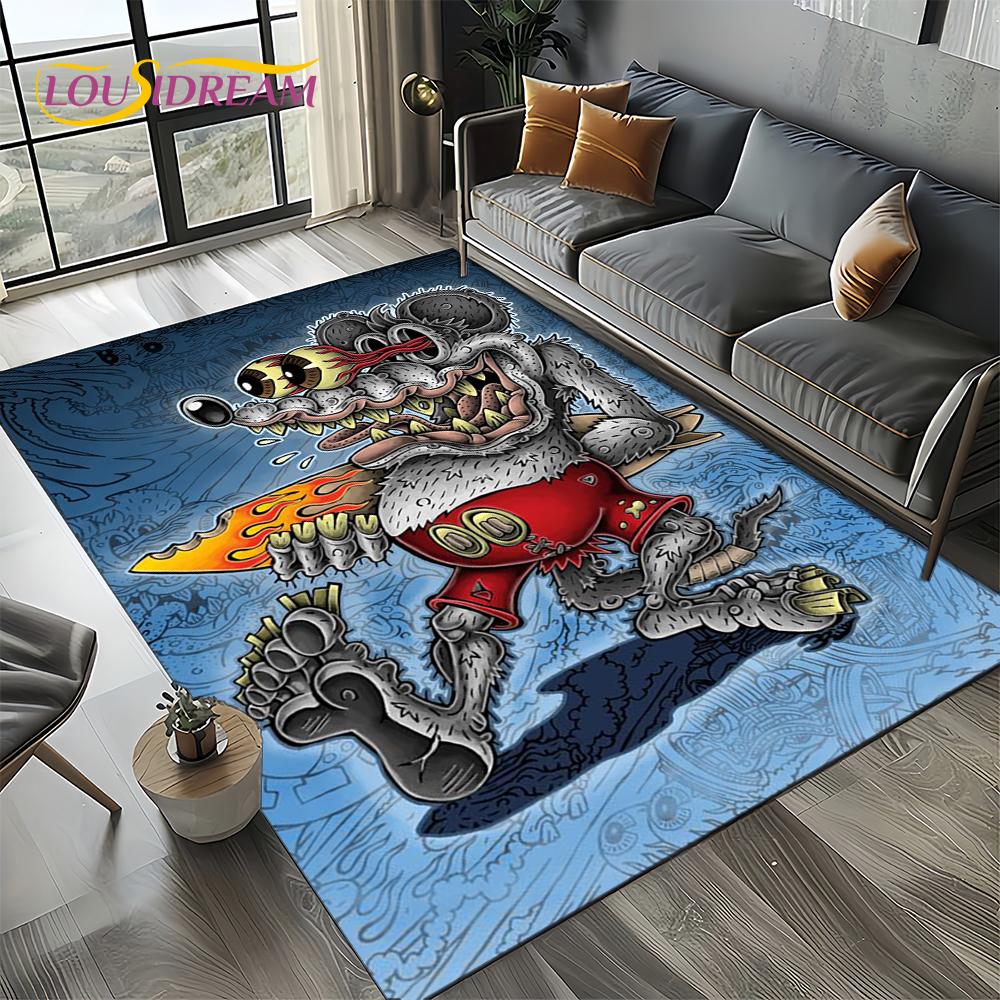 RF Funny Rat Fink Cartoon Motorcycle Sign Carpet Rug for Living Room Bedroom Home Sofa Decoration,Area Rug Non-slip Floor Mat