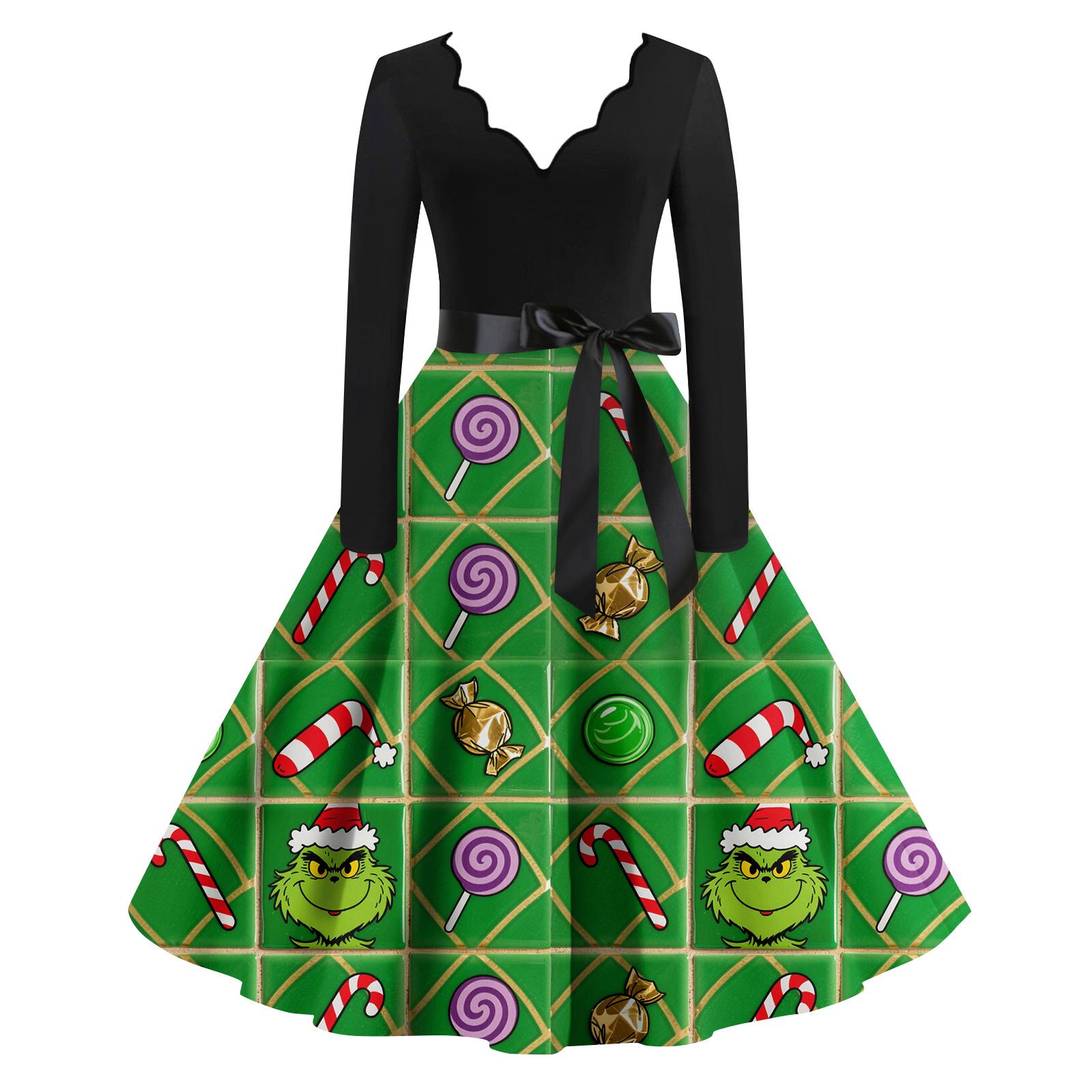 

Женское модное ретро платье с длинным рукавом, квадратным вырезом, рождественским принтом, вечернее платье L